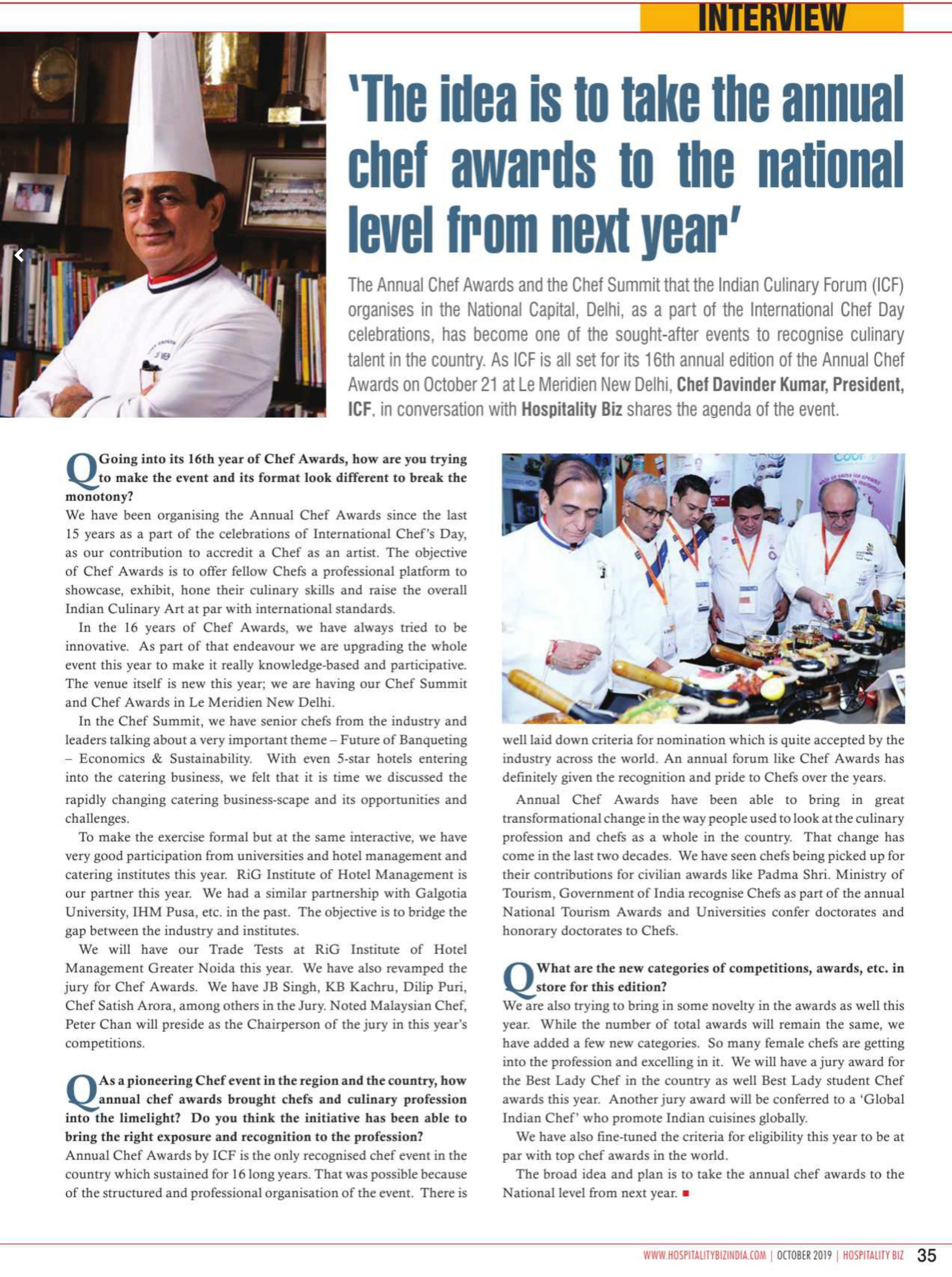 The idea is to take the annual chef awards to the national level from next year